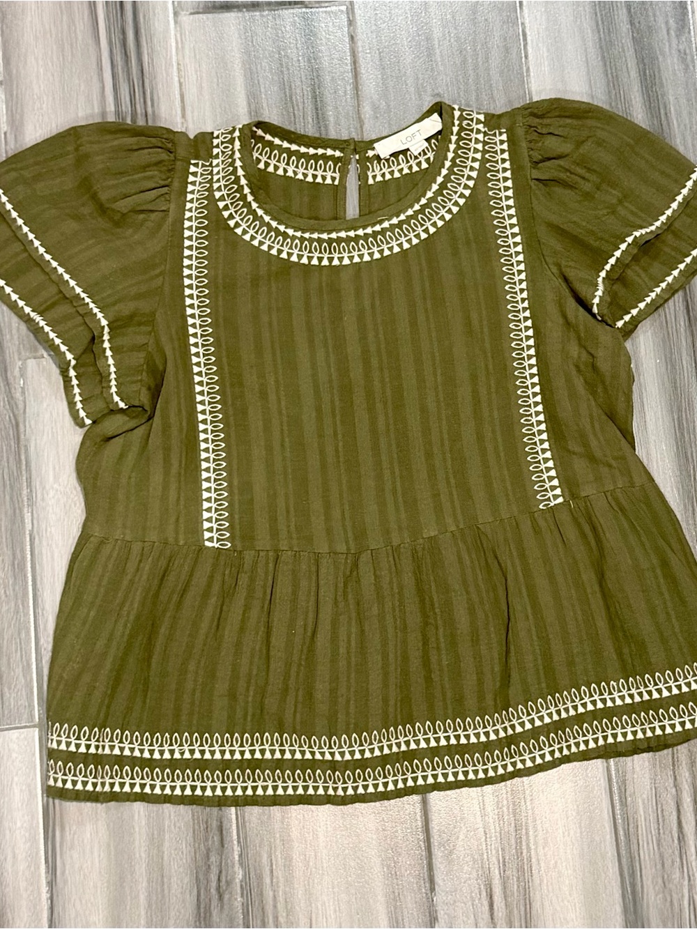 LOFT Olive Green Embroidered Peasant Blouse